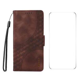 For iPhone 16 ENKAY Embossed Rhombus Starry Leather Phone Case with Screen Film(Brown)