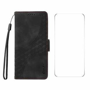 For iPhone 16 Plus ENKAY Embossed Rhombus Starry Leather Phone Case with Screen Film(Black)