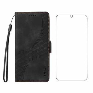 For Samsung Galaxy S25+ / S24+ 5G ENKAY Embossed Rhombus Starry Leather Phone Case with Screen Film(Black)
