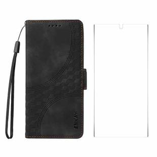 For Samsung Galaxy S25 Ultra 5G ENKAY Embossed Rhombus Starry Leather Phone Case with Screen Film(Black)