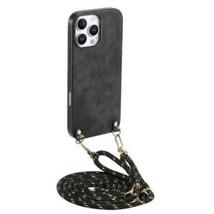 For iPhone 16 Pro Max Vintage Leather PC Back Cover Phone Case with Crossbody Strap(Black)