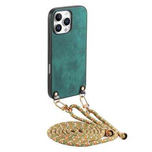 For iPhone 16 Pro Max Vintage Leather PC Back Cover Phone Case with Crossbody Strap(Green)