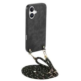 For iPhone 16 Plus Vintage Leather PC Back Cover Phone Case with Crossbody Strap(Black)