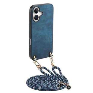 For iPhone 16 Plus Vintage Leather PC Back Cover Phone Case with Crossbody Strap(Blue)