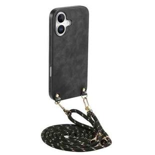 For iPhone 16 Vintage Leather PC Back Cover Phone Case with Crossbody Strap(Black)