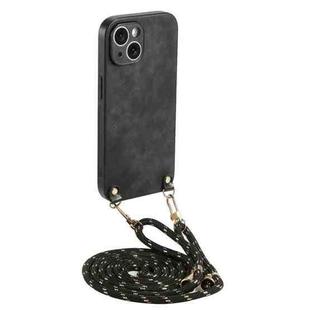 For iPhone 15 Plus Vintage Leather PC Back Cover Phone Case with Crossbody Strap(Black)