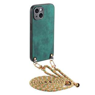 For iPhone 15 Vintage Leather PC Back Cover Phone Case with Crossbody Strap(Green)