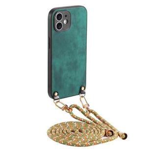 For iPhone 12 Vintage Leather PC Back Cover Phone Case with Crossbody Strap(Green)