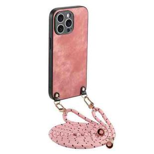 For iPhone 12 Pro Vintage Leather PC Back Cover Phone Case with Crossbody Strap(Pink)