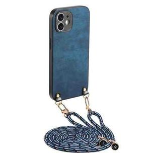 For iPhone 11 Vintage Leather PC Back Cover Phone Case with Crossbody Strap(Blue)