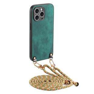 For iPhone 11 Pro Vintage Leather PC Back Cover Phone Case with Crossbody Strap(Green)