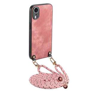 For iPhone XR Vintage Leather PC Back Cover Phone Case with Crossbody Strap(Pink)