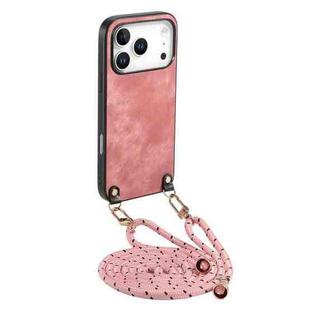 For iPhone 17 Pro Max Vintage Leather PC Back Cover Phone Case with Crossbody Strap(Pink)