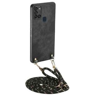 For Samsung Galaxy A21s Vintage Leather PC Back Cover Phone Case with Crossbody Strap(Black)