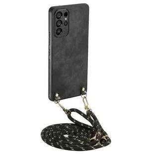 For Samsung Galaxy S25 Ultra 5G Vintage Leather PC Back Cover Phone Case with Crossbody Strap(Black)