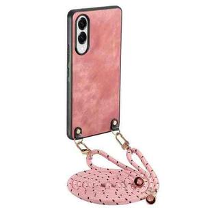 For Samsung Galaxy S25 Edge 5G Vintage Leather PC Back Cover Phone Case with Crossbody Strap(Pink)