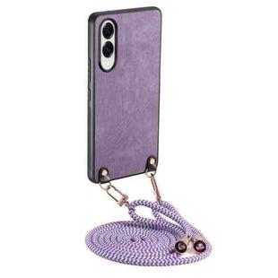 For Samsung Galaxy S25 Edge 5G Vintage Leather PC Back Cover Phone Case with Crossbody Strap(Purple)