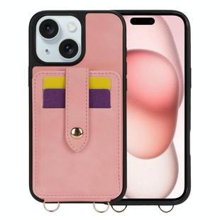 For iPhone 15 Crossbody Skin Card Bag Lanyard Phone Case(Pink)