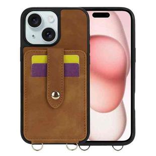 For iPhone 15 Crossbody Skin Card Bag Lanyard Phone Case(Brown)