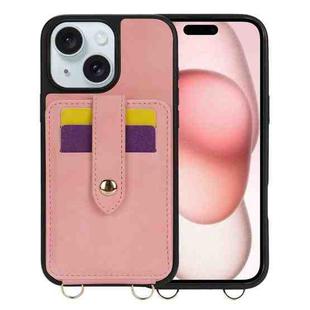 For iPhone 15 Plus Crossbody Skin Card Bag Lanyard Phone Case(Pink)