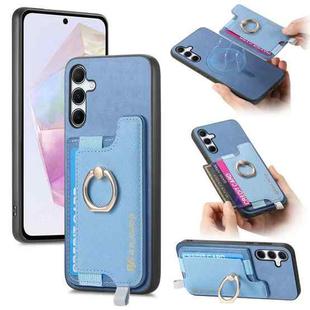 For Samsung Galaxy A35 5G Retro Cross Leather Ring Horizontal Insert Card Bag MagSafe Phone Case(Blue)