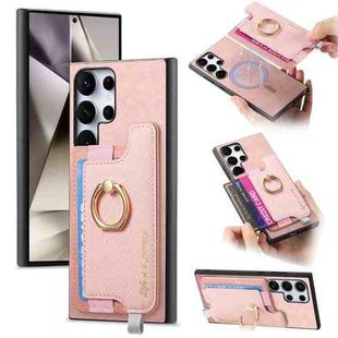 For Samsung Galaxy S24 Ultra 5G Retro Cross Leather Ring Horizontal Insert Card Bag MagSafe Phone Case(Pink)