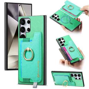 For Samsung Galaxy S24 Ultra 5G Retro Cross Leather Ring Horizontal Insert Card Bag MagSafe Phone Case(Green)