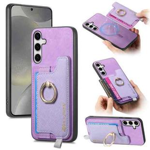 For Samsung Galaxy S24 5G Retro Cross Leather Ring Horizontal Insert Card Bag MagSafe Phone Case(Purple)