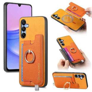 For Samsung Galaxy A15 Retro Cross Leather Ring Horizontal Insert Card Bag MagSafe Phone Case(Yellow)