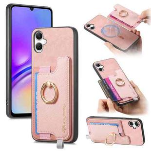 For Samsung Galaxy A05 Retro Cross Leather Ring Horizontal Insert Card Bag MagSafe Phone Case(Pink)