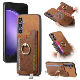 For Samsung Galaxy S23 FE 5G Retro Cross Leather Ring Horizontal Insert Card Bag MagSafe Phone Case(Brown)