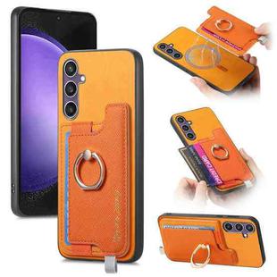 For Samsung Galaxy S23 FE 5G Retro Cross Leather Ring Horizontal Insert Card Bag MagSafe Phone Case(Yellow)