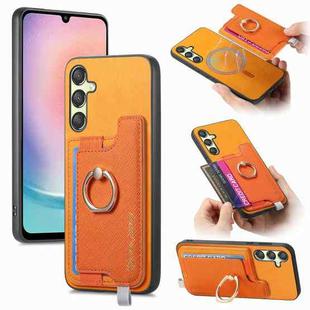 For Samsung Galaxy A24 5G Retro Magsafe Cross Leather Ring Holder Card Bag Phone Case(Yellow)