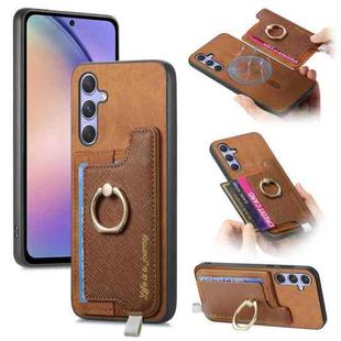 For Samsung Galaxy A54 5G Retro Cross Leather Ring Horizontal Insert Card Bag MagSafe Phone Case(Brown)