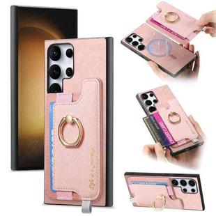 For Samsung Galaxy S23 Ultra 5G Retro Cross Leather Ring Horizontal Insert Card Bag MagSafe Phone Case(Pink)