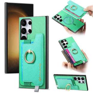For Samsung Galaxy S23 Ultra 5G Retro Cross Leather Ring Horizontal Insert Card Bag MagSafe Phone Case(Green)