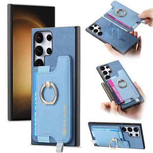 For Samsung Galaxy S23 Ultra 5G Retro Cross Leather Ring Horizontal Insert Card Bag MagSafe Phone Case(Blue)
