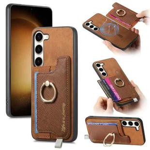 For Samsung Galaxy S23+ 5G Retro Magsafe Cross Leather Ring Holder Card Bag Phone Case(Brown)