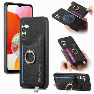 For Samsung Galaxy A14 Retro Cross Leather Ring Horizontal Insert Card Bag MagSafe Phone Case(Black)