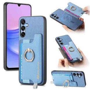 For Samsung Galaxy M14 5G Retro Cross Leather Ring Horizontal Insert Card Bag MagSafe Phone Case(Blue)