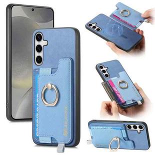 For Samsung Galaxy S25 5G Retro Cross Leather Ring Horizontal Insert Card Bag MagSafe Phone Case(Blue)