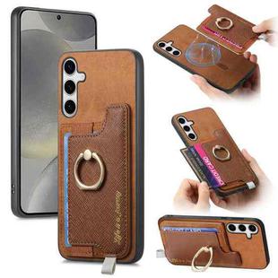 For Samsung Galaxy S25 5G Retro Cross Leather Ring Horizontal Insert Card Bag MagSafe Phone Case(Brown)