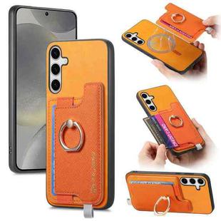 For Samsung Galaxy S25+ 5G Retro Cross Leather Ring Horizontal Insert Card Bag MagSafe Phone Case(Yellow)