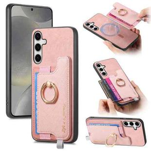 For Samsung Galaxy S25+ 5G Retro Cross Leather Ring Horizontal Insert Card Bag MagSafe Phone Case(Pink)