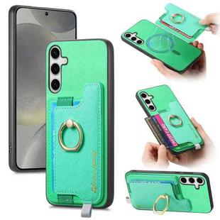 For Samsung Galaxy S25+ 5G Retro Cross Leather Ring Horizontal Insert Card Bag MagSafe Phone Case(Green)