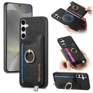 For Samsung Galaxy S25+ 5G Retro Cross Leather Ring Horizontal Insert Card Bag MagSafe Phone Case(Black)