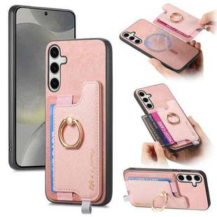 For Samsung Galaxy S25 Ultra 5G Retro Cross Leather Ring Horizontal Insert Card Bag MagSafe Phone Case(Pink)