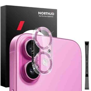 For iPhone 16 / 16 Plus NORTHJO Camera Lens Protector Glitter Ring 3D Tempered Glass Film(Pink)