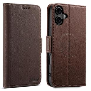 For iPhone 16 Suteni J08 Multifunctional Cross Texture MagSafe Leather Phone Case(Brown)