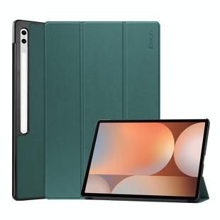 For Samsung Galaxy Tab S10 Ultra / S9 Ultra ENKAY Tri-fold Custer Texture Plastic Leather Smart Tablet Case with Pen Slot(Dark Green)